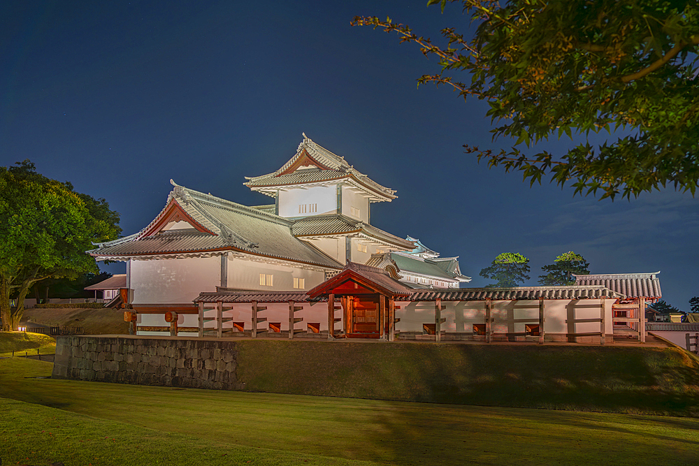 View of Hashizume-mon Gate at Gojikken Nagaya-Kanazawa Castle at dusk, Kanazawa City, Ishikawa Prefecture, Honshu, Japan