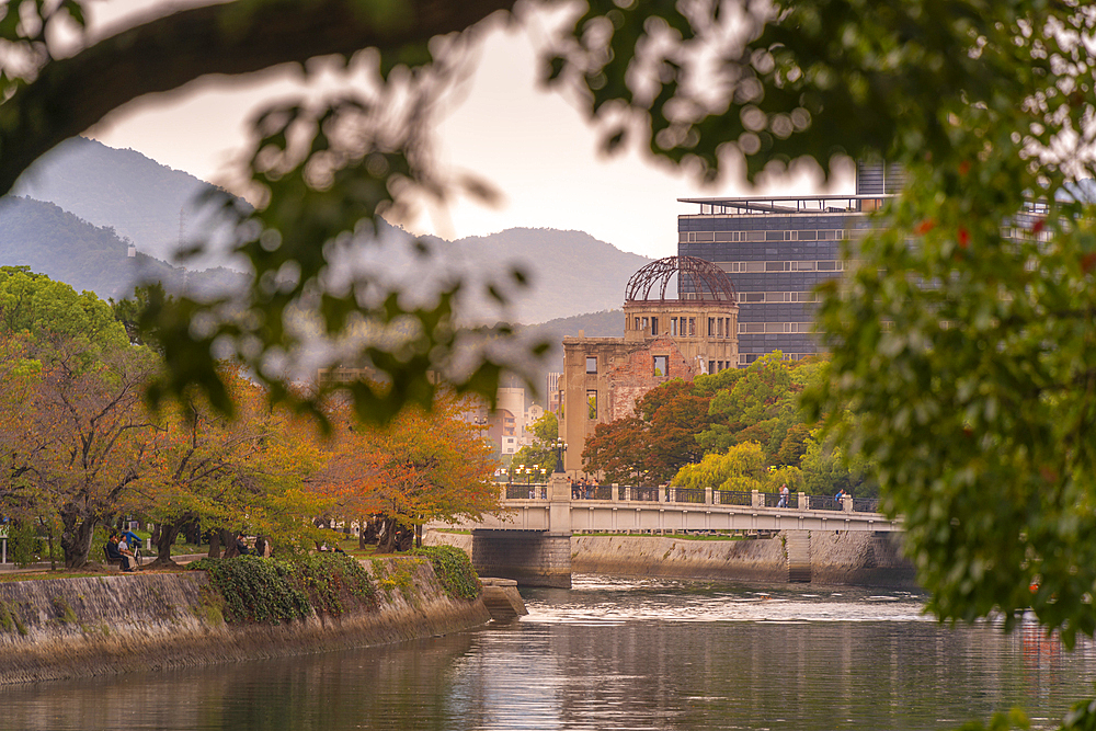 View of the skeletal ruins of the A-Bomb Dome, Hypocenter, Hiroshima Peace Memorial, UNESCO, Hiroshima, Honshu, Japan