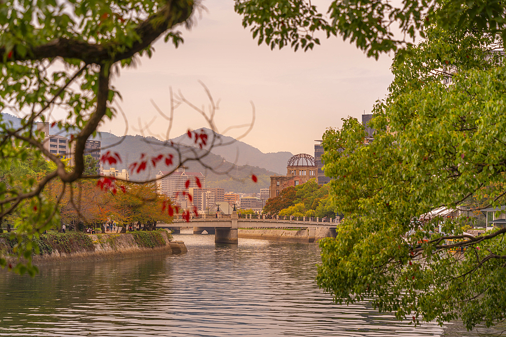 View of the skeletal ruins of the A-Bomb Dome, Hypocenter, Hiroshima Peace Memorial, UNESCO World Heritage Site, Hiroshima, Honshu, Japan, Asia