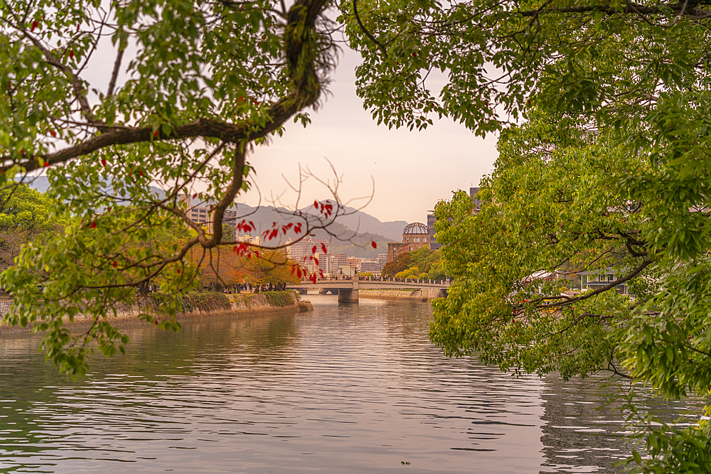 View of the skeletal ruins of the A-Bomb Dome, Hypocenter, Hiroshima Peace Memorial, UNESCO, Hiroshima, Honshu, Japan