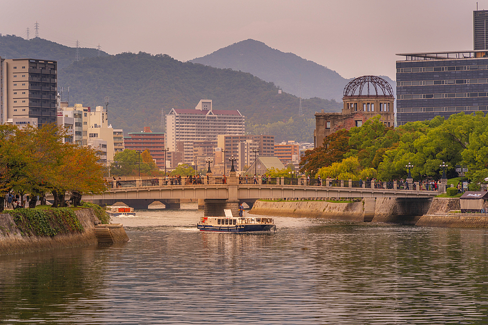 View of the skeletal ruins of the A-Bomb Dome, Hypocenter, Hiroshima Peace Memorial, UNESCO, Hiroshima, Honshu, Japan