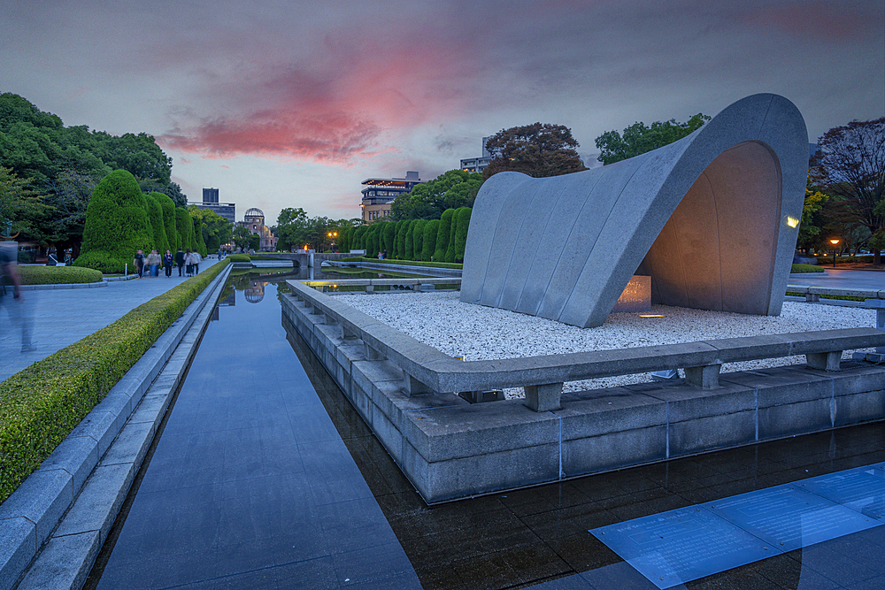 The Hiroshima Victims Memorial Cenotaph in the Pond of Peace, Hiroshima Peace Memorial, UNESCO, Hiroshima, Honshu, Japan