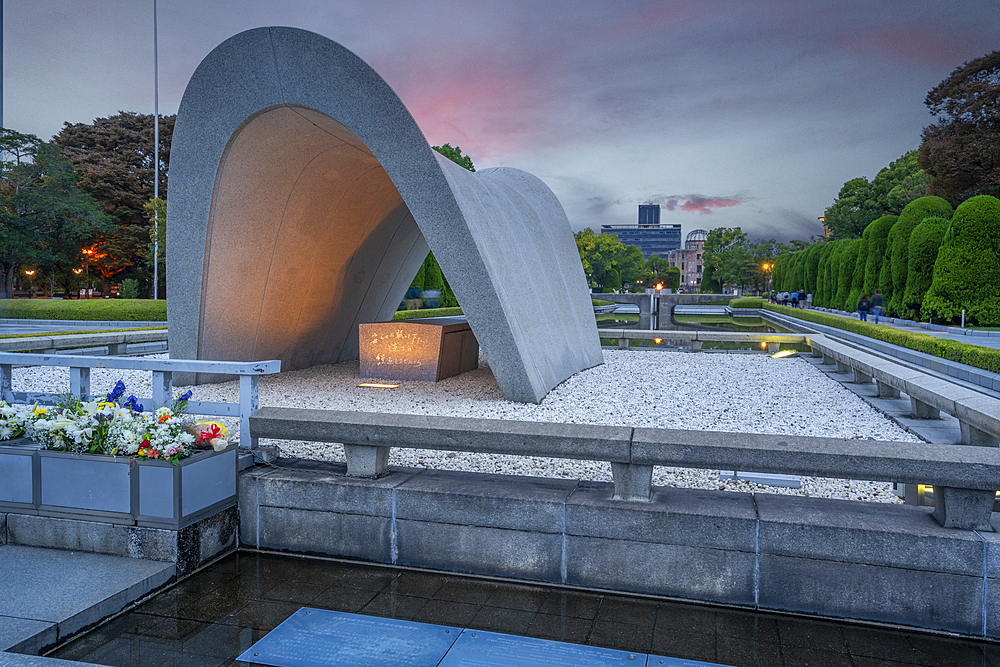 The Hiroshima Victims Memorial Cenotaph in the Pond of Peace, Hiroshima Peace Memorial, UNESCO, Hiroshima, Honshu, Japan