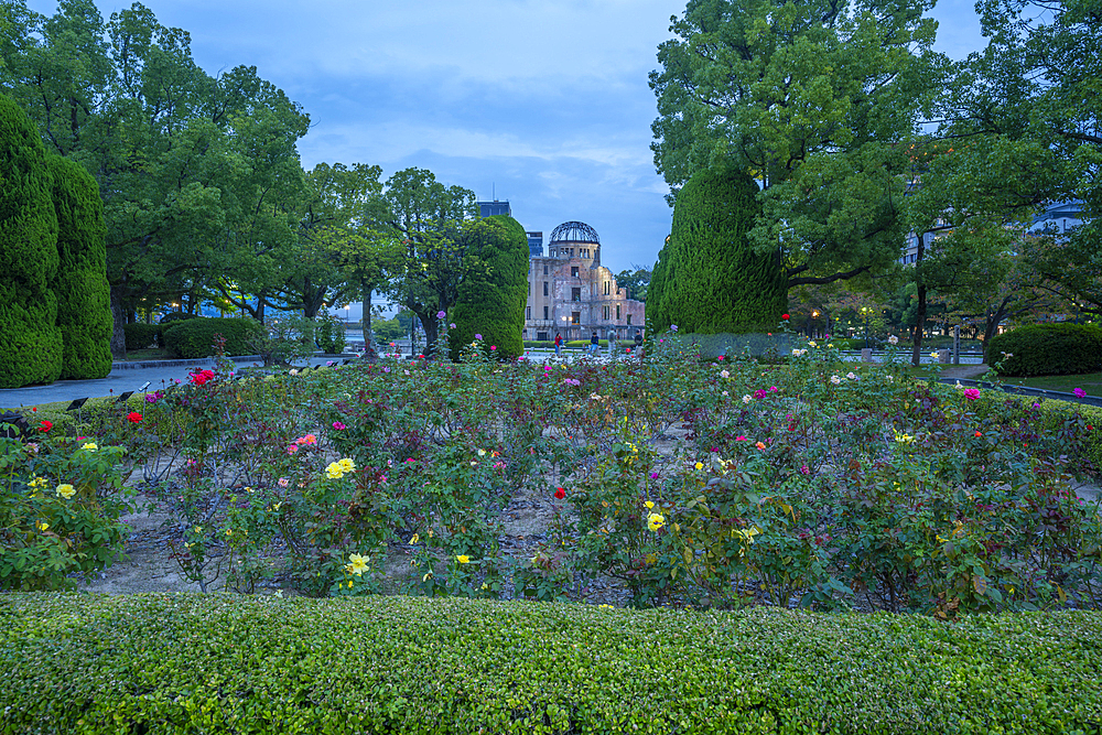 View of the skeletal ruins of the A-Bomb Dome from the Hiroshima Peace Memorial, UNESCO World Heritage Site, Hiroshima, Honshu, Japan, Asia