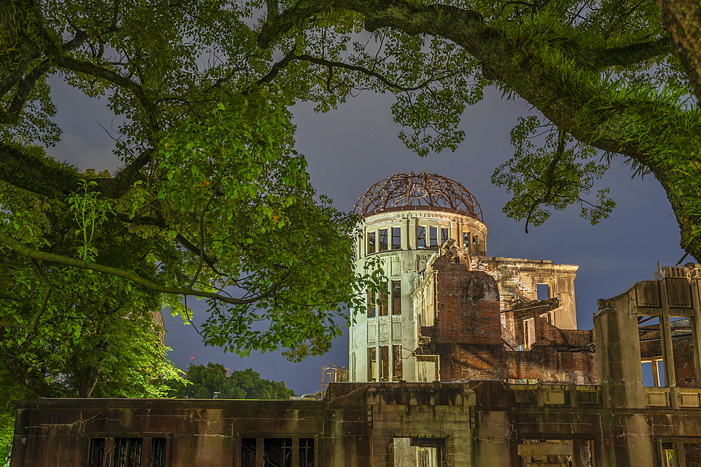 The skeletal ruins of the A-Bomb Dome at dusk, Hypocenter, Hiroshima Peace Memorial, UNESCO, Hiroshima, Honshu, Japan