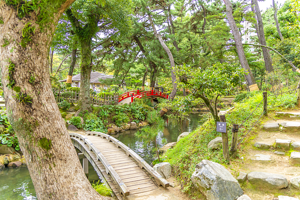 View of red footbridge over Takueichi Pond in Shukkeien Garden, Kaminoboricho, Naka Ward, Hiroshima, Japan, Asia