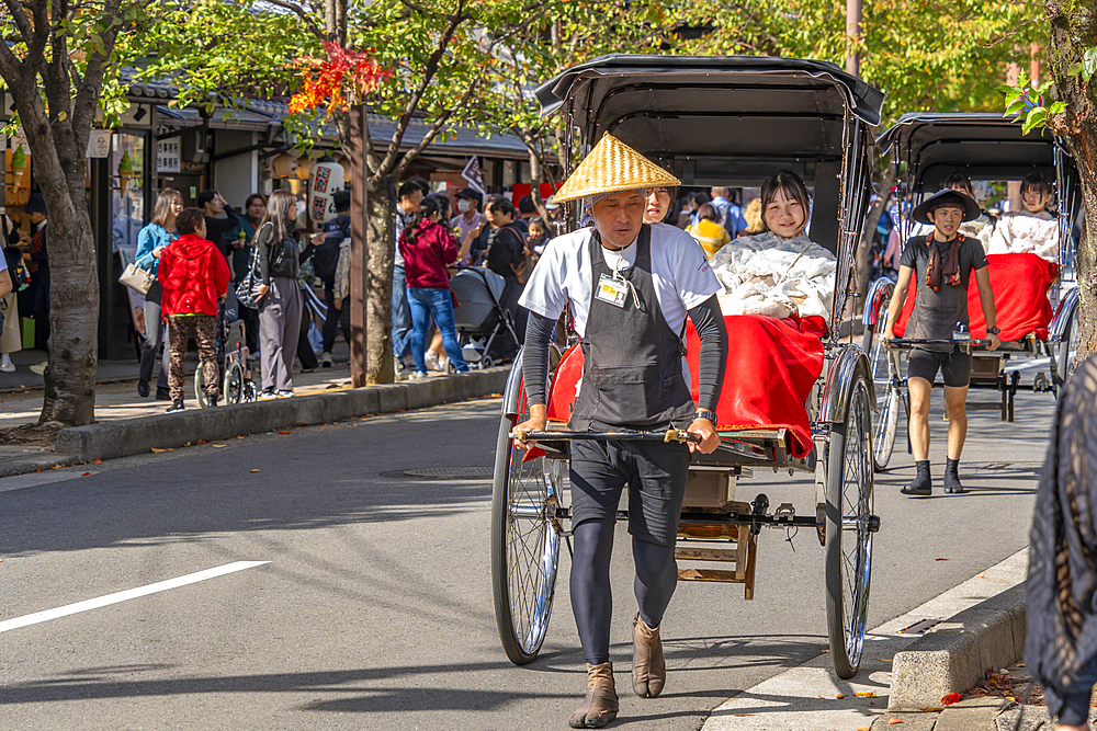 View of rickshaws near Togetsukyo Bridge over Katsura River, Sagatenryuji Susukinobabacho, Ukyo Ward, Kyoto, Honshu, Japan