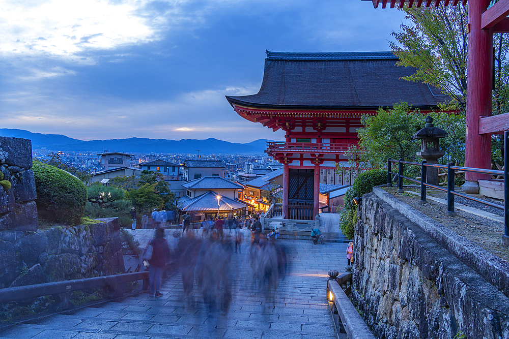 View of Kyoto and Kiyomizu-dera Temple at dusk, Kiyomizu, Higashiyama Ward, Kyoto,Honshu, Japan