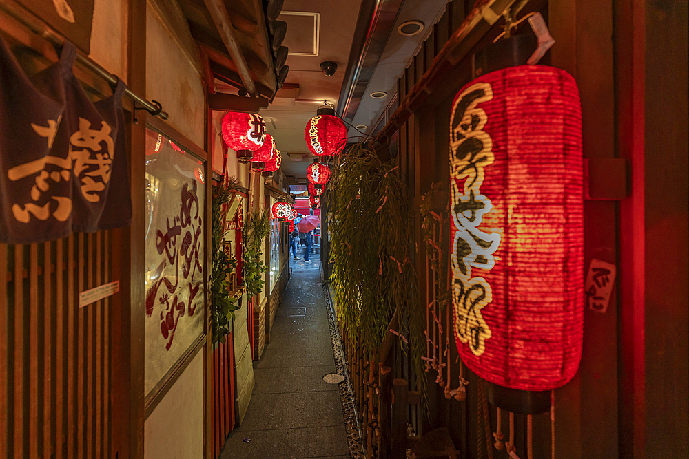 View of Japanese lanterns in dark alleyway in Dotonbori, vibrant entertainment district near the river, Osaka, Honshu, Japan