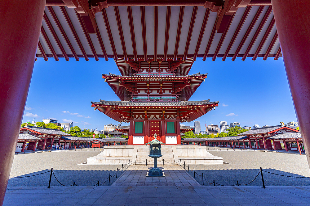 View of Shitenno-ji Gojunoto (Five Story Pagoda) on a sunny day, Shitennoji, Tennoji Ward, Osaka, Honshu, Japan