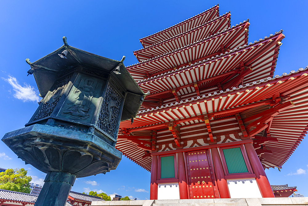 View of Shitenno-ji Gojunoto (Five Story Pagoda) on a sunny day, Shitennoji, Tennoji Ward, Osaka, Honshu, Japan