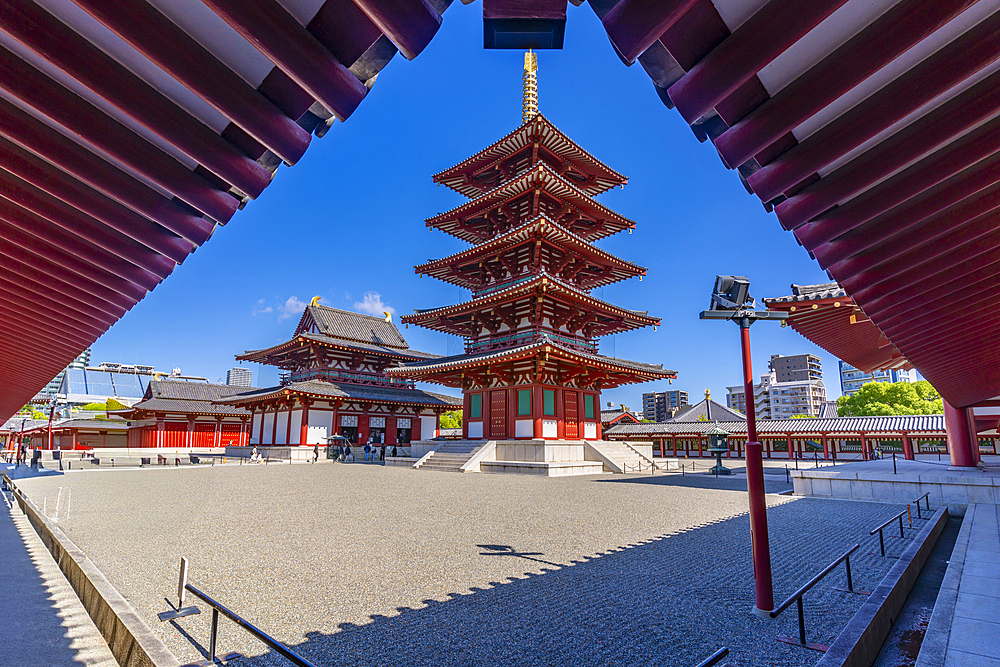 View of Shitenno-ji Gojunoto (Five Story Pagoda) on a sunny day, Shitennoji, Tennoji Ward, Osaka, Honshu, Japan