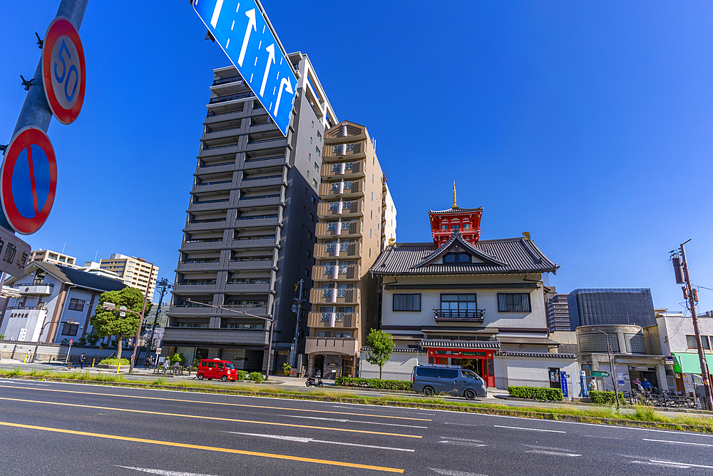 View of architecture on Route 30 on a sunny day, Shitennoji, Tennoji Ward, Osaka, Honshu, Japan, Asia