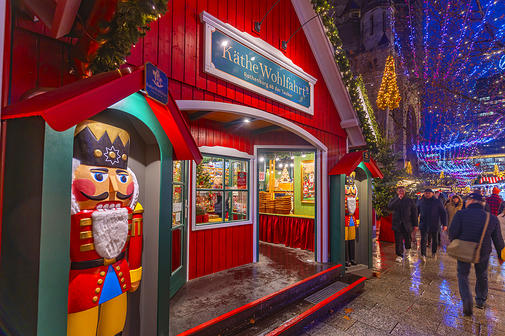 View of Kaiser Wilhelm Memorial Church and market stalls at Christmas, Breitscheidplatz, Berlin, Germany, Europe