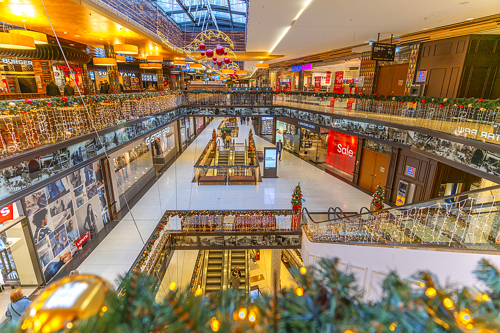 View of interior of the Mall of Berlin at Christmas, Mitte, Berlin, Germany, Europe