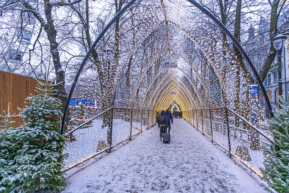 View of Christmas light tunnel during winter at dusk, Stortingsparken, Oslo, Norway, Scandinavia, Europe