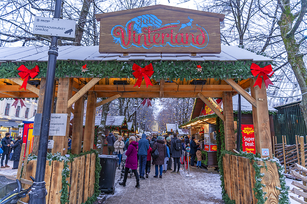 View of Christmas market during winter at dusk, Stortingsparken, Oslo, Norway, Scandinavia, Europe