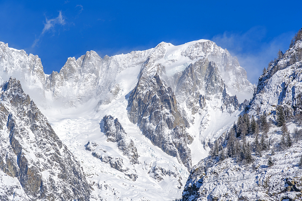 View of snow covered trees, mountains and Courmayeur from Dolonne during winter, Courmayeur, Aosta Valley, Italy, Europe