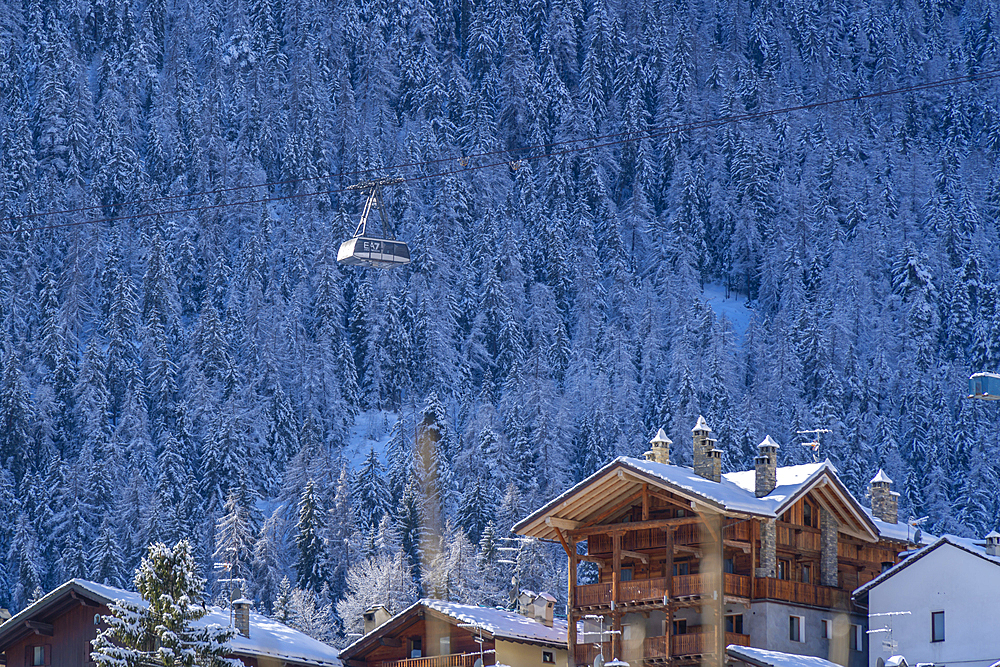 Snow covered trees, mountains and cable car from Courmayeur to Plan Chécrouit viewed from Courmayeur during winter, Courmayeur, Aosta Valley, Italy, Europe