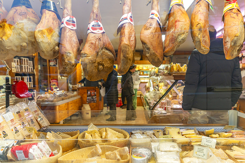 View of butcher's shop window in Courmayeur, Courmayeur, Aosta Valley, Italy, Europe