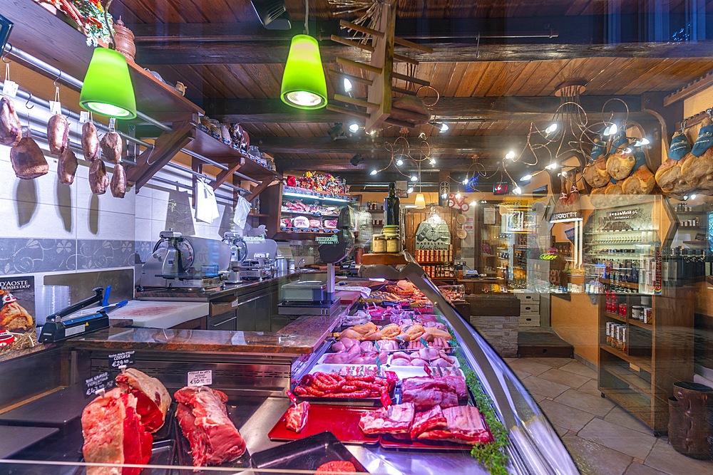 View of butcher's shop window in Courmayeur, Courmayeur, Aosta Valley, Italy, Europe