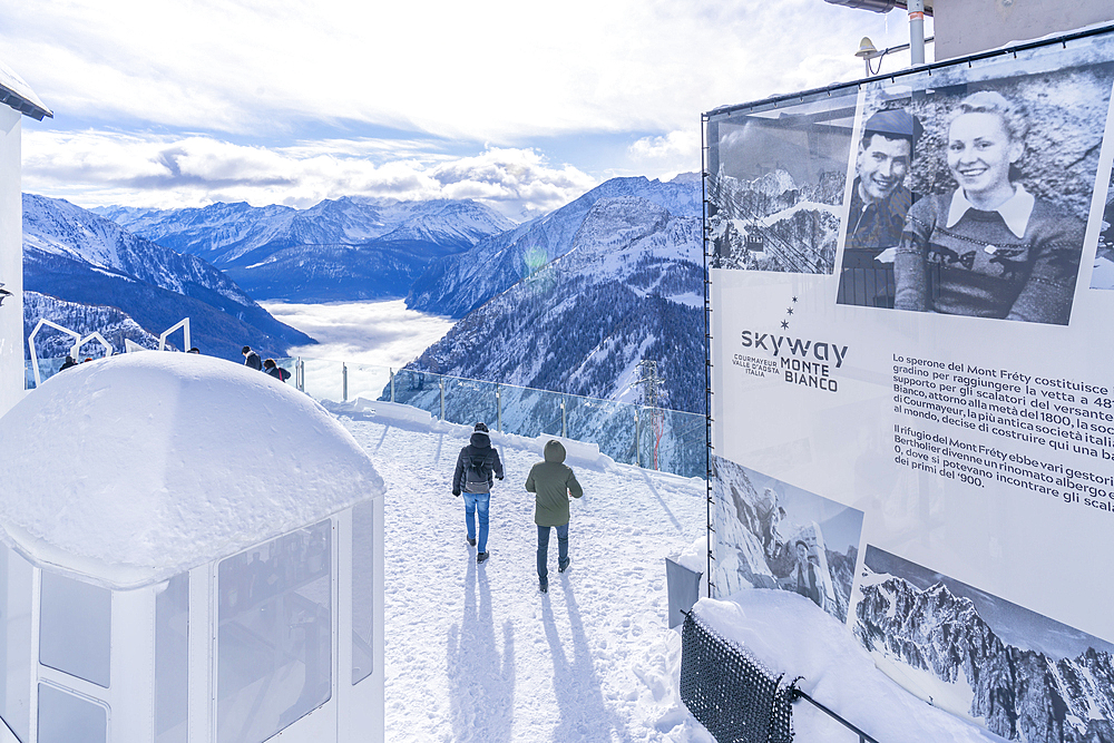 View of snow covered Aosta Valley from refuge cabin at Pavillon du Mont Fréty in winter, Courmayeur, Aosta Valley, Italy, Europe