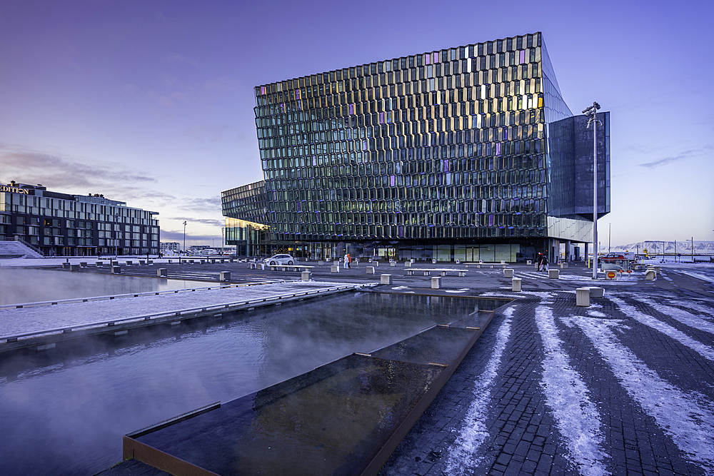 View of Harpa Concert Hall and Conference Centre in the city centre during winter, Reykjavik, Iceland, Europe