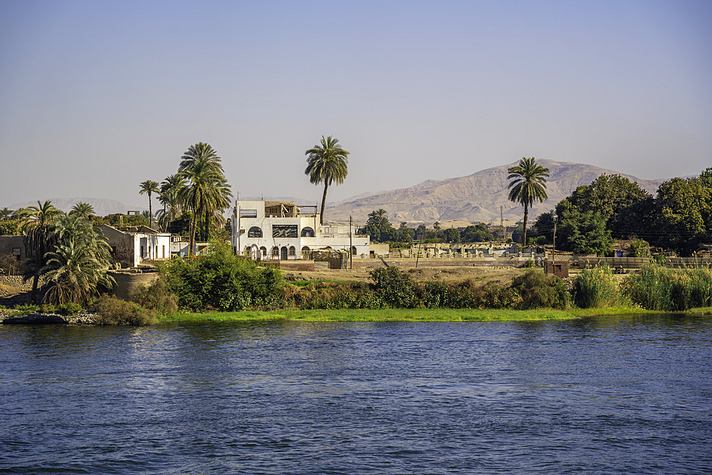 View of scenery from cruise boat near Armant on the Nile River, Luxor, Egypt, Africa