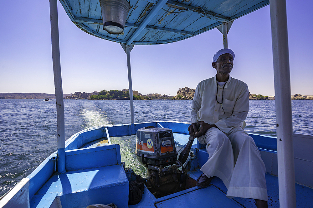 Onboard boat trip to at Temple at Philae on a sunny day, Aswan, Nubia, Egypt, North Africa, Africa