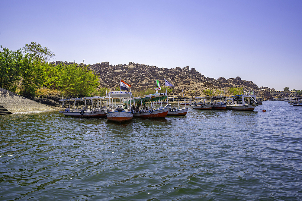 Onboard boat trip to at Temple at Philae on a sunny day, Aswan, Nubia, Egypt, North Africa, Africa