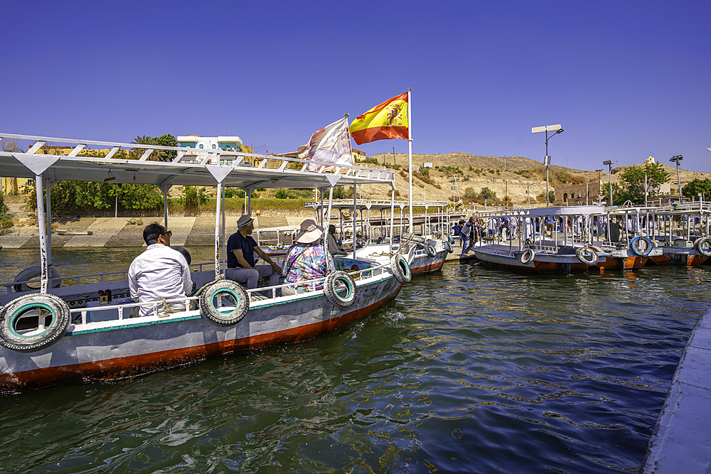 Onboard boat trip to at Temple at Philae on a sunny day, Aswan, Nubia, Egypt, North Africa, Africa