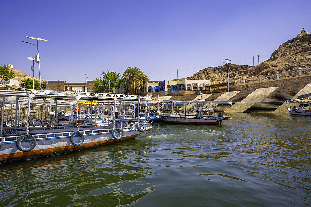 Onboard boat trip to at Temple at Philae on a sunny day, Aswan, Nubia, Egypt, North Africa, Africa