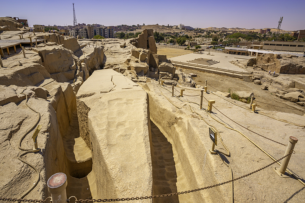 View of Unfinished Obelisk in Aswan quarry on a sunny day, Aswan, Nubia, Egypt, North Africa, Africa