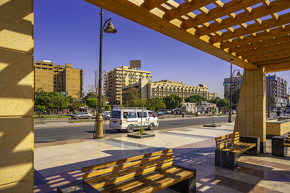 View of buildings on the Nile river promenade on a sunny day, Aswan, Nubia, Egypt, North Africa, Africa
