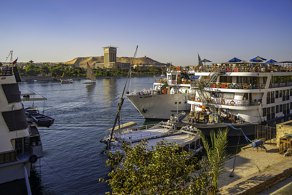 View of cruiseboats on the Nile river from the promenade on a sunny day, Aswan, Nubia, Egypt, North Africa, Africa