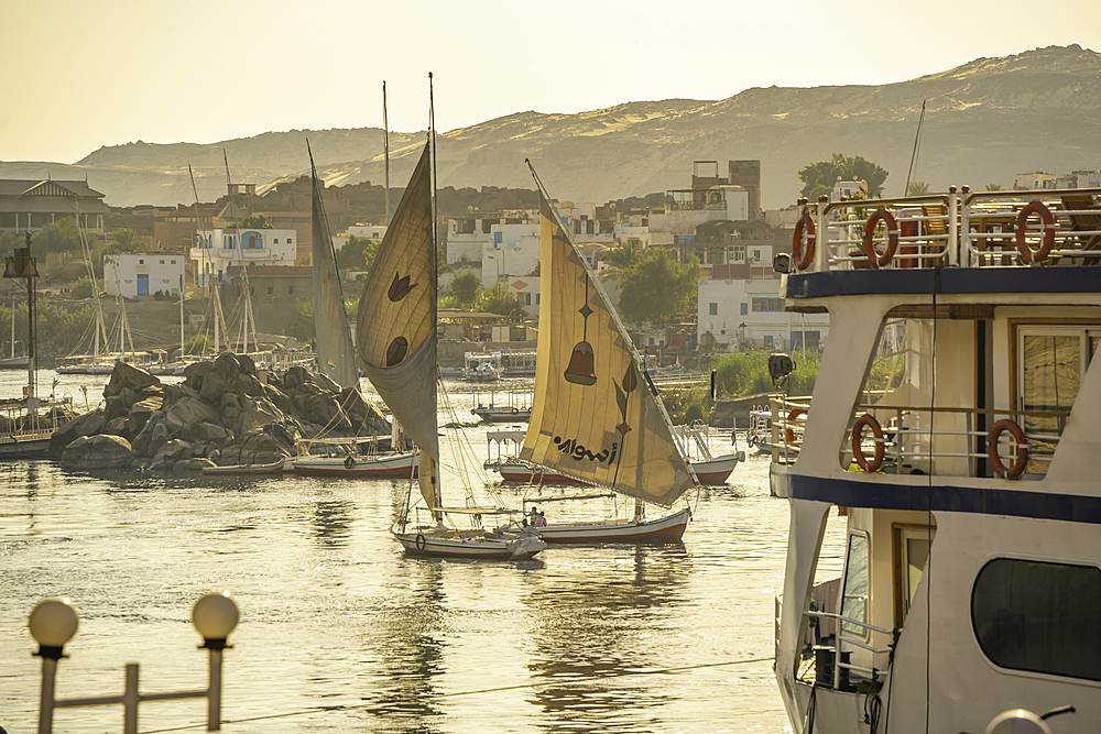 View of fellucas on the Nile river during golden hour, Aswan, Nubia, Egypt, North Africa, Africa