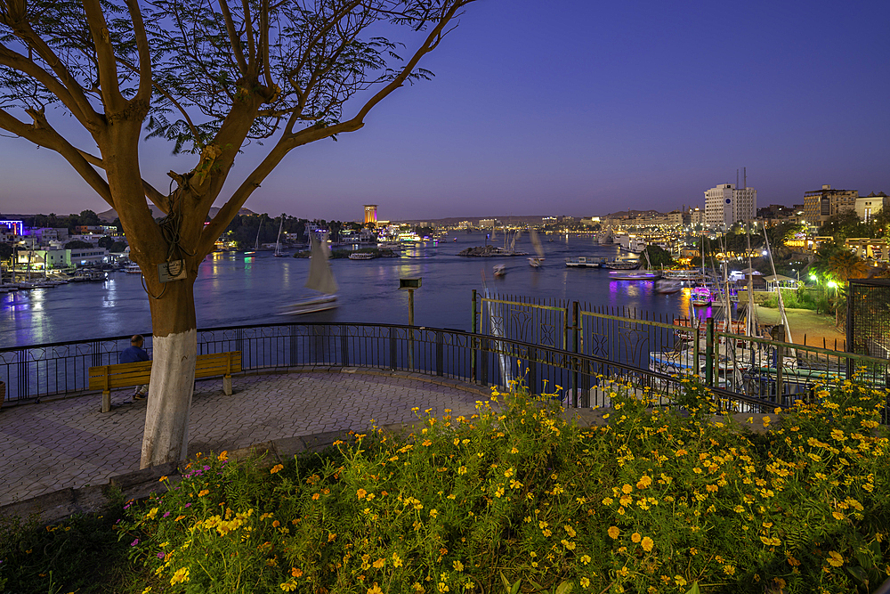 View of fellucas on the Nile river from Feryal Garden at dusk, Aswan, Nubia, Egypt, North Africa, Africa
