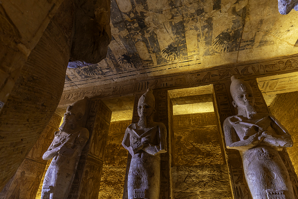 Interior view of the sculptures of the pharaohs in the Abu Simbel Temple next to Lake Nasser, Temple of the Pharaohs, Ramses II, Nubia, Egypt, Africa