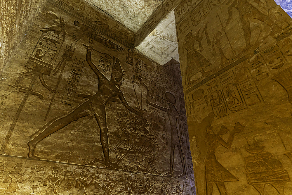 Interior view of the sculptures of the pharaohs in the Abu Simbel Temple next to Lake Nasser, Temple of the Pharaohs, Ramses II, Nubia, Egypt, Africa