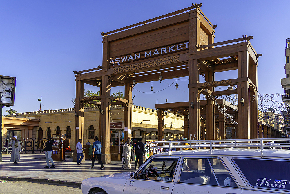 View of exterior entrance to Aswan Old Souks on a sunny day, Aswan, Nubia, Egypt, Africa