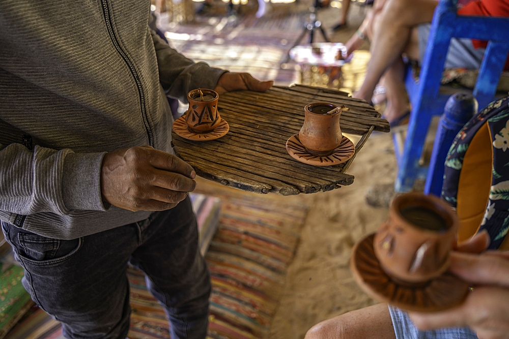 View of coffee served at Star Coffe Nubian on the Nile river near Aswan, Aswan, Nubia, Egypt, North Africa, Africa