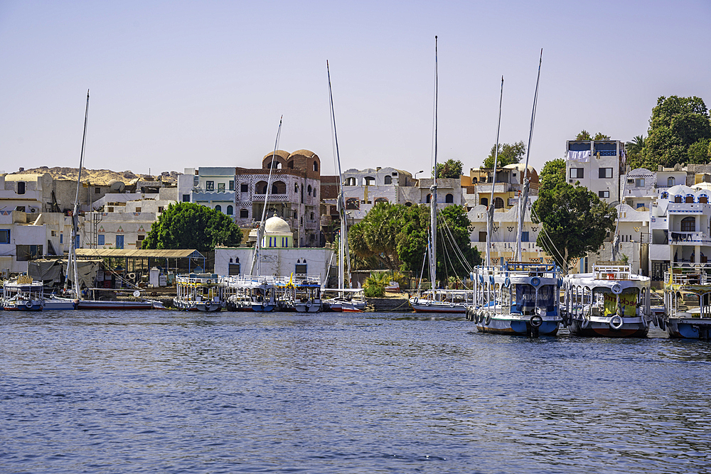 View of feluccas on the Nile river from small boat in Aswan, Aswan, Nubia, Egypt, North Africa, Africa
