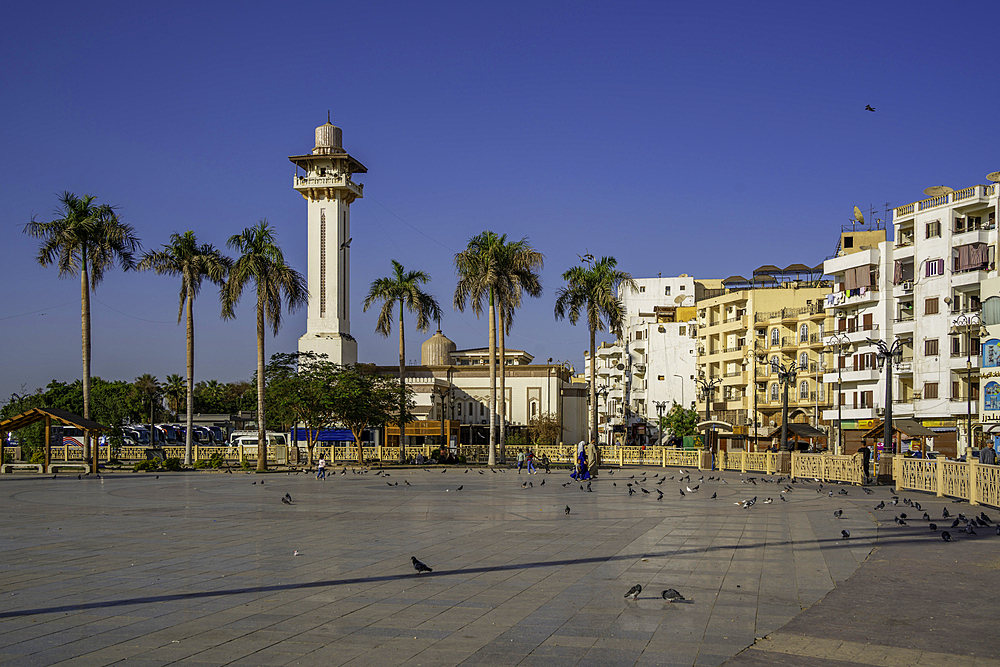 View of Abu Haggag Mosque and Luxor Temple Square on a sunny day, Luxor, Egypt, Africa