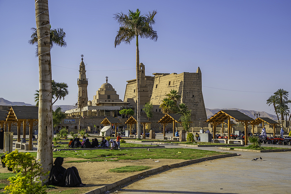 View of Luxor Temple from Luxor Temple Square on a sunny day, Luxor, Egypt, Africa