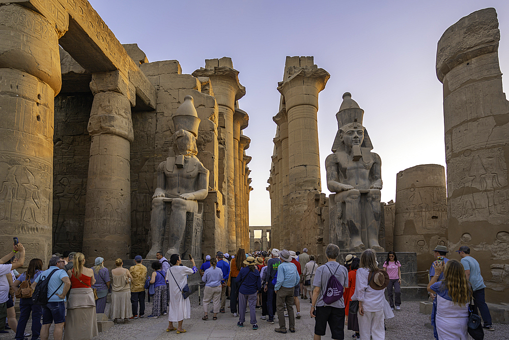 View of Luxor Temple during golden hour, Luxor, Egypt, Africa