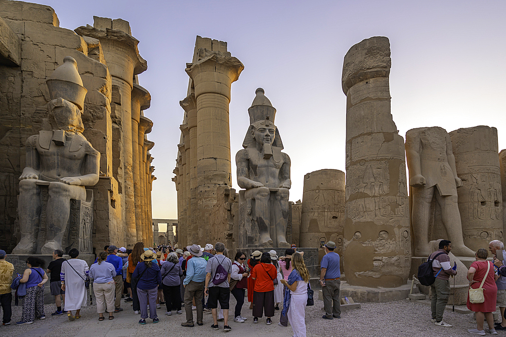 View of Luxor Temple during golden hour, Luxor, Egypt, Africa