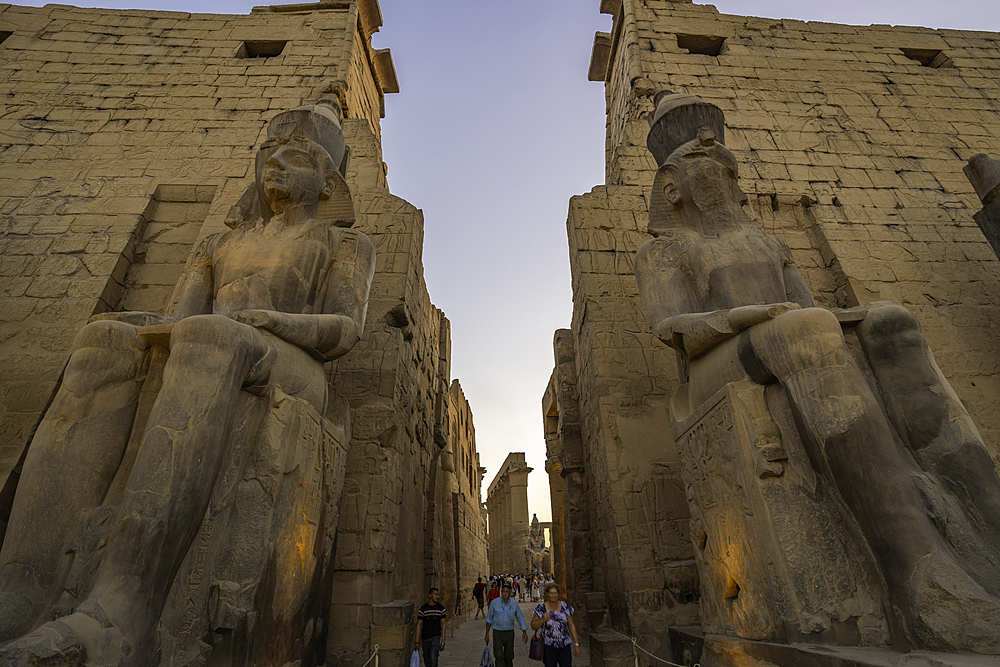 View of Luxor Temple at dusk, Luxor, Egypt, Africa