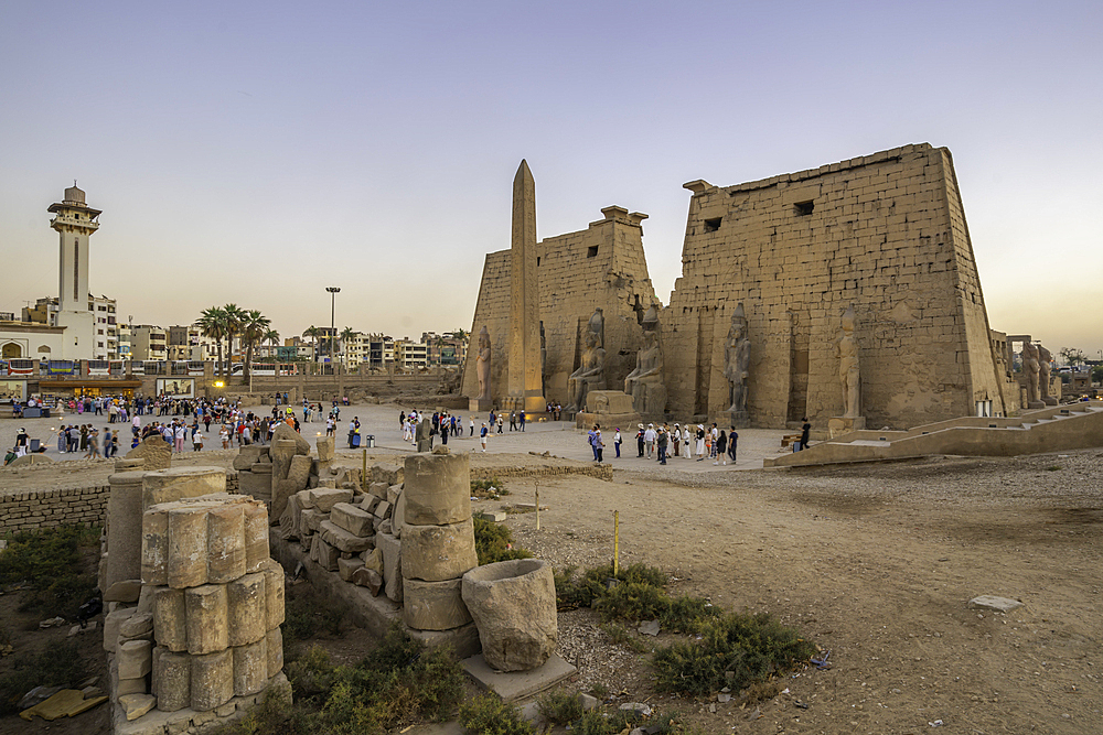 View of Luxor Temple at dusk, Luxor, Egypt, Africa
