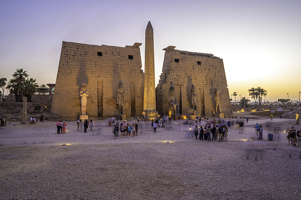 View of Luxor Temple at dusk, Luxor, Egypt, Africa