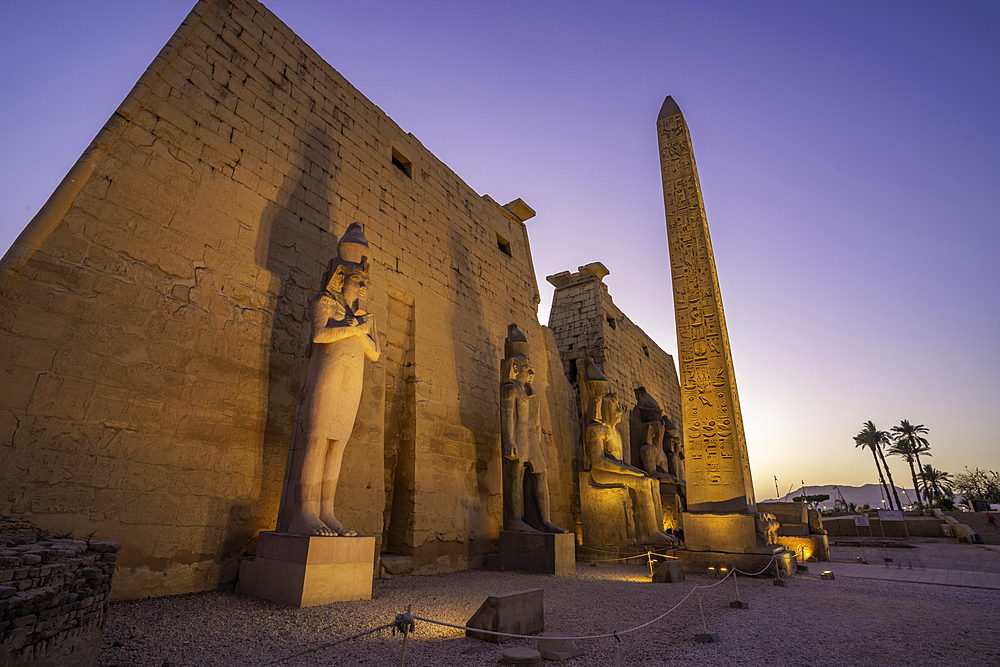 View of Luxor Temple at dusk, Luxor, Egypt, Africa